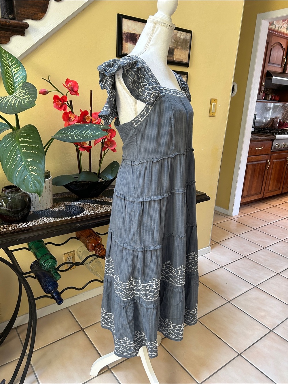 Knox Rose Square Neck Blue Grey Tiered Ruffle Embroidered Cotton LARGE Sundress - Picture 7 of 16